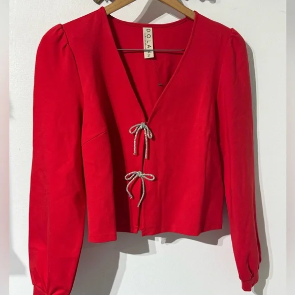 Dolan Red Blouse Dolan sparkle Bow-Front Cardigan Top eye and hook clasps size S
